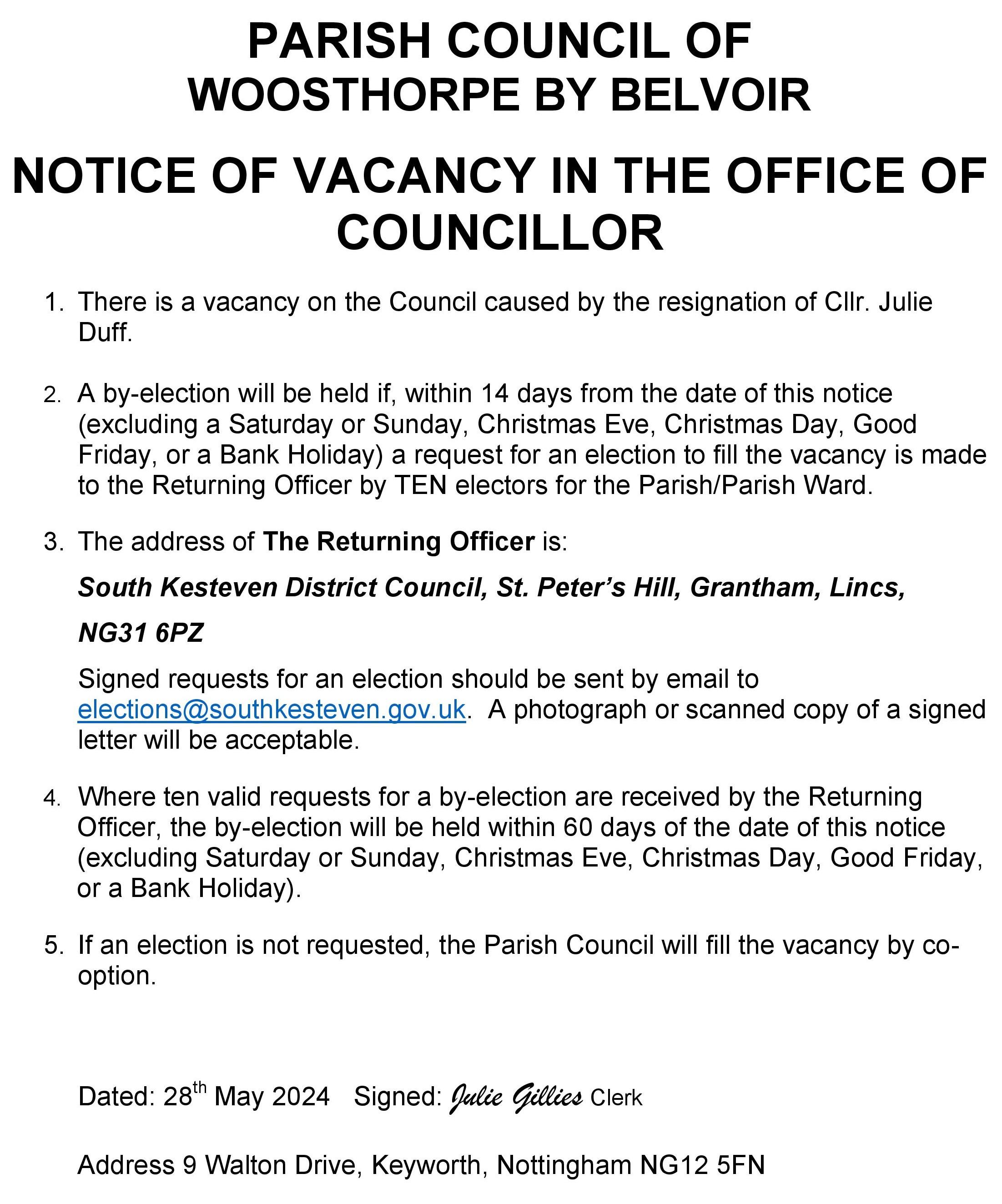 Notice of vacancy in office of councillor may 24